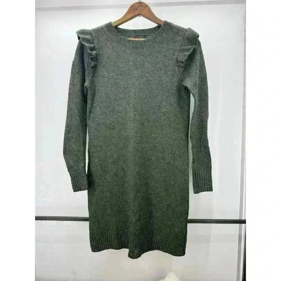Club Monaco XS Long Sleeve Green‎ Knit Wool Blend Shift Dress Ruffle Above Knee - Picture 1 of 8